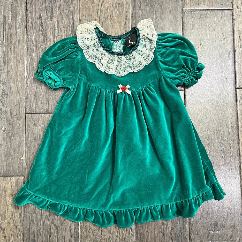 Vtg 90s Chuckles Emerald Green Velvet Lace Holiday Dress 24M Canada